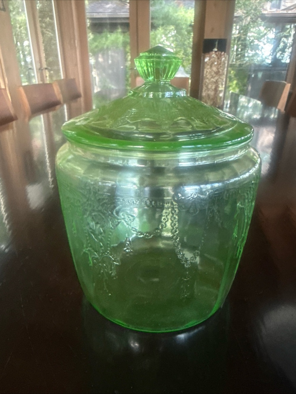 Vintage Green Depression Glass Biscuit Cookie Jar W/Lid Etched Floral Design